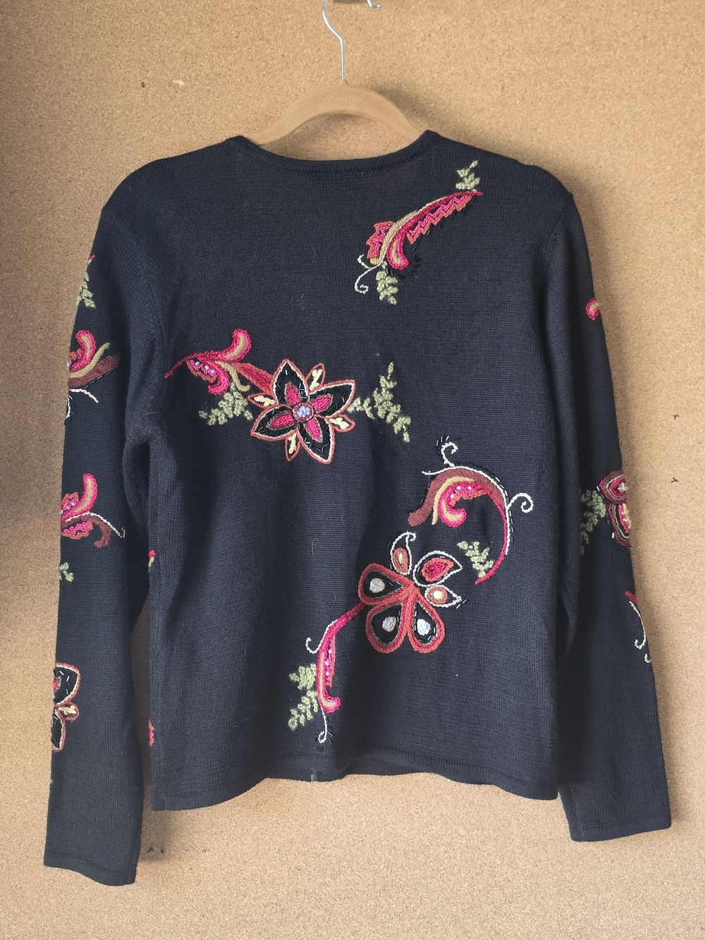 Talbots Black Embroidered Floral Wool Blend Cardigan Sweater L - Picture 4 of 10